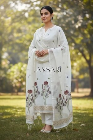 Banarasi Jamdani Cotton Suit Set – White Elegant Ethnic Wear