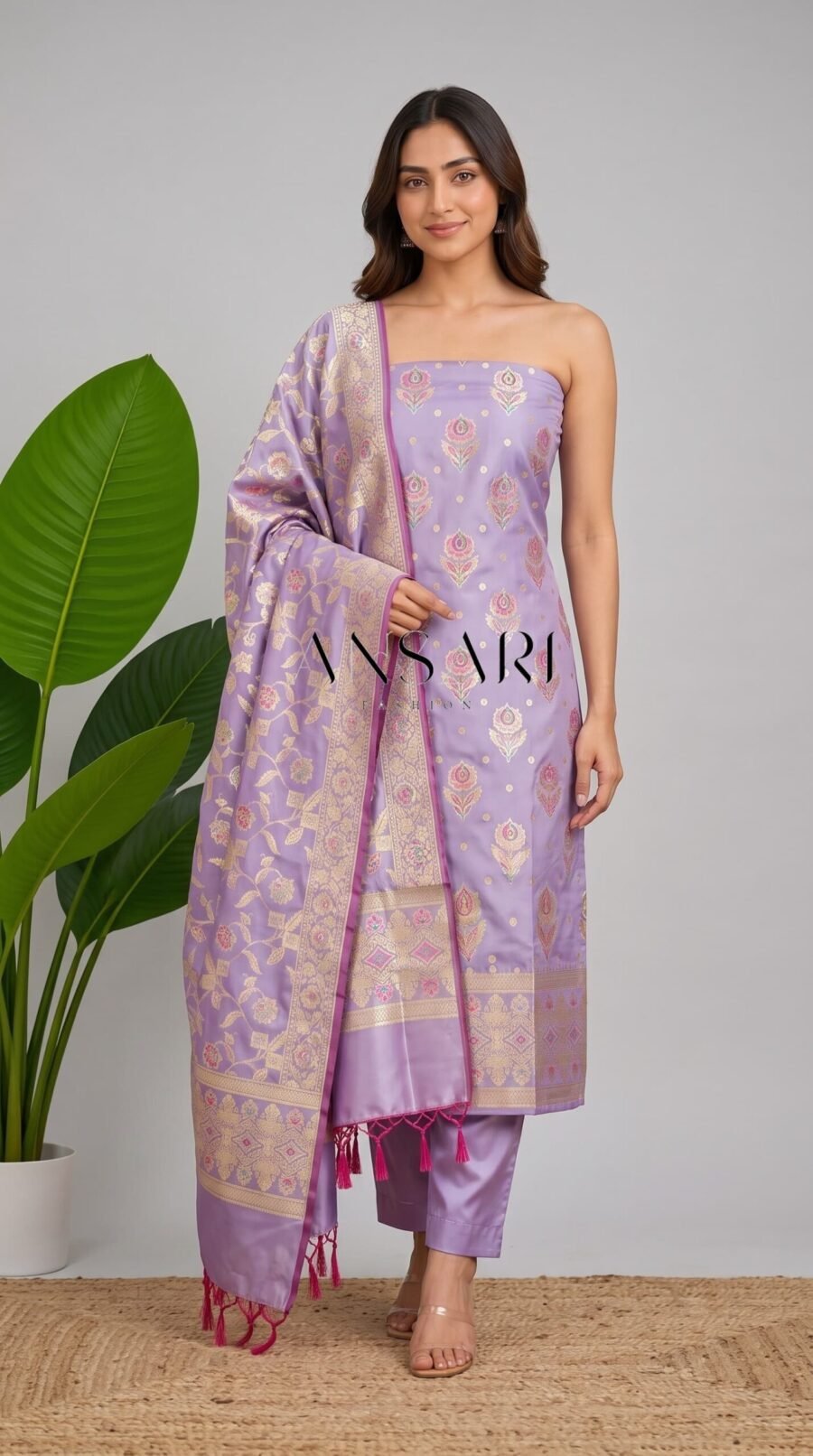 Banarasi Katan Silk Tilfi Meena Zari Woven Suit Set – Lavender