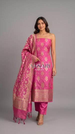 Home 175 Banarasi Katan Silk Tilfi Meena Zari Woven Suit Set – Pink