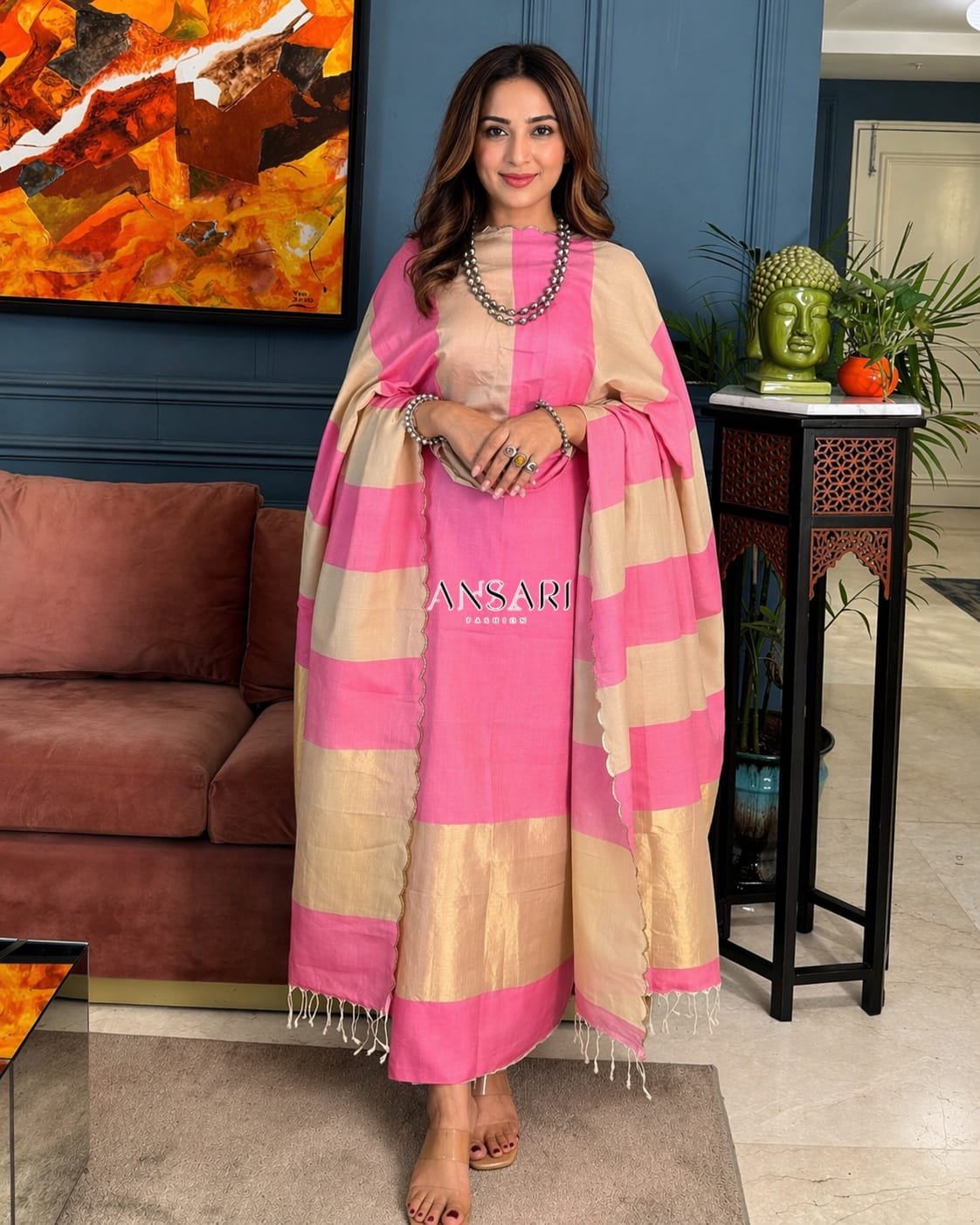 Banarasi Suit Baby Pink Cotton with Tusar Stripe Dupatta