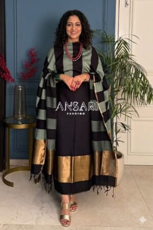 Home 181 Banarasi Suit Black Cotton with Pastel Pista Green Stripe Dupatta