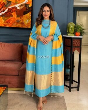 Home 215 Banarasi Suit Firozi Cotton with Yellow Stripe Dupatta