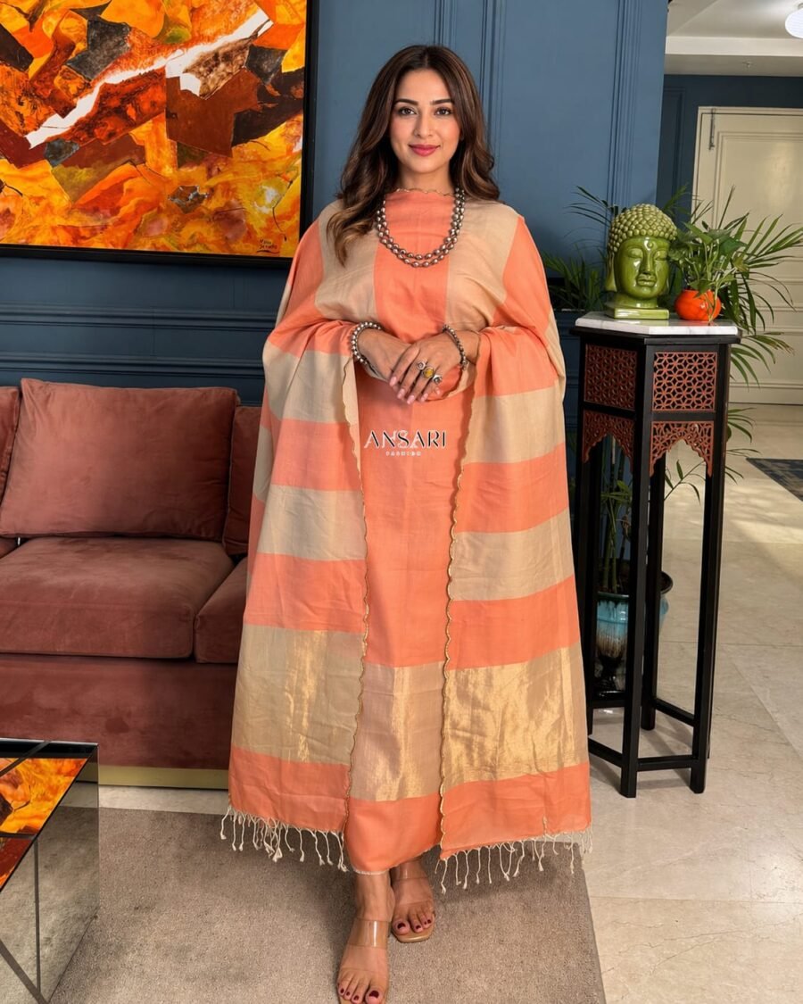 Banarasi Suit Peach Cotton with Tusar Stripe Dupatta