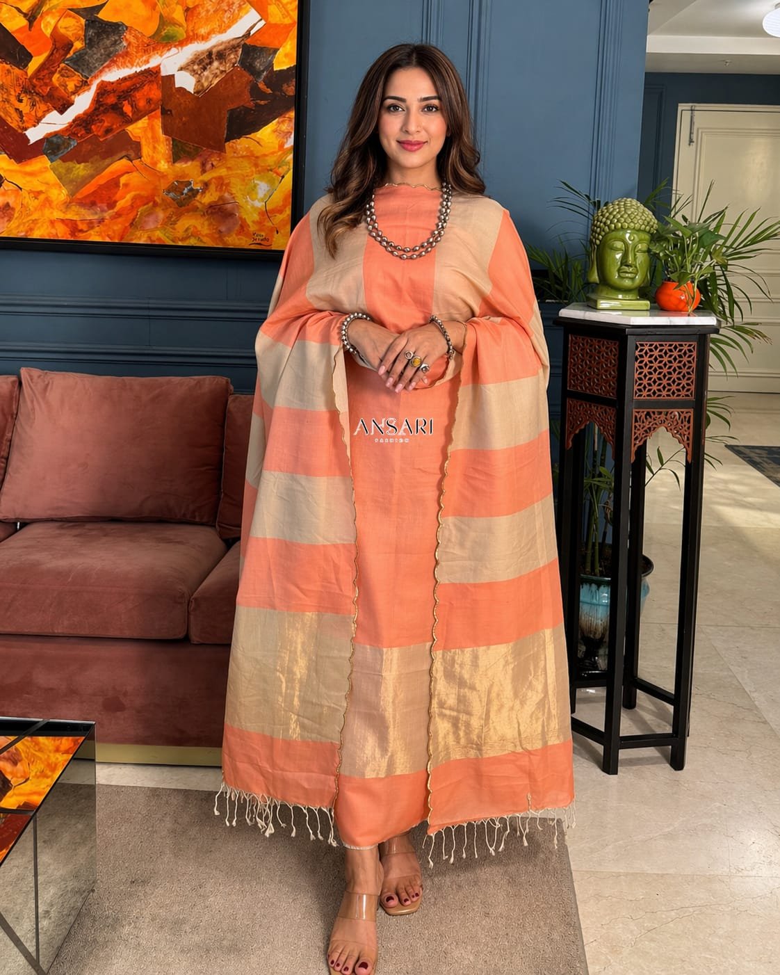 Banarasi Suit Peach Cotton with Tusar Stripe Dupatta