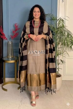 Home 305 Banarasi Suit Tusar Cotton with Black Stripe Dupatta