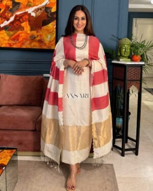 Home 213 Banarasi Suit White Cotton with Red Stripe Dupatta