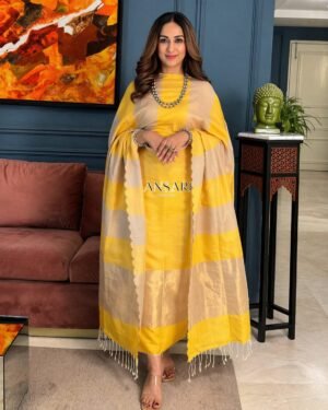 Home 303 Banarasi Suit Yellow Cotton with Tusar Stripe Dupatta