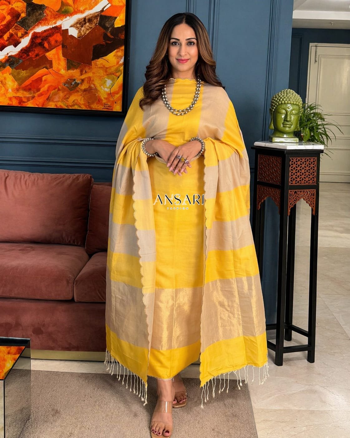 Banarasi Suit Yellow Cotton with Tusar Stripe Dupatta 1 Banarasi Suit Yellow Cotton with Tusar Stripe Dupatta