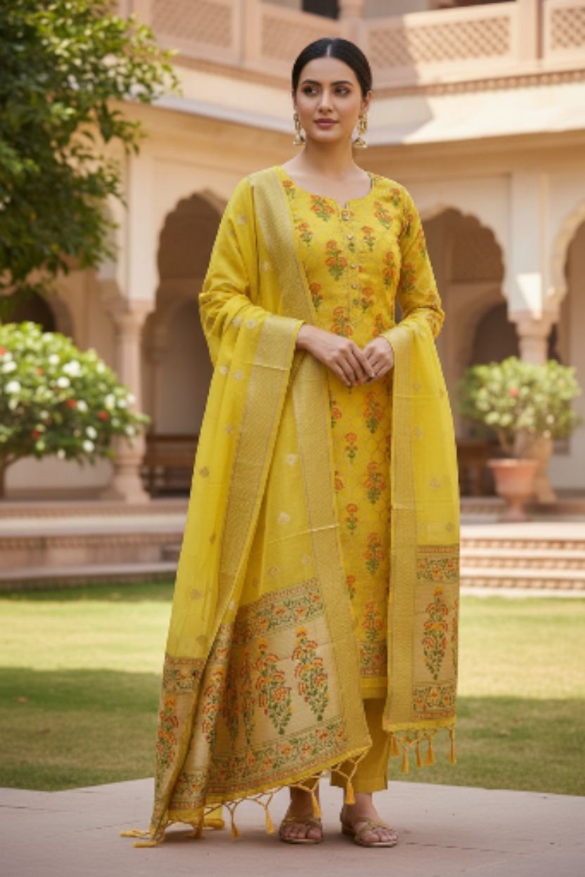 Banarasi Suits – Jamdani Silky Cotton Tilfi Meena & Zari Weave – Yellow