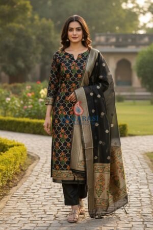 Banarasi Suits – Jamdani Silky Cotton Tilfi Meena & Zari Woven with Dupatta – Black