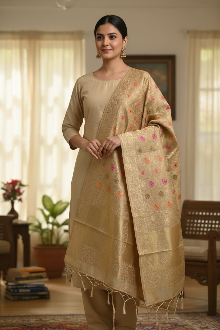 Banarasi Suits – Plain Silk with Floral Jaal Dupatta – Golden 1 Banarasi Suits – Plain Silk with Floral Jaal Dupatta – Golden