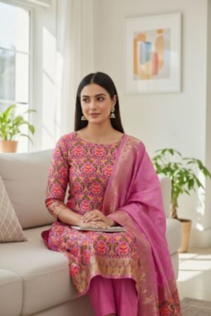 Banarasi Suits – Silk Tilfi Meena & Zari Woven with Dupatta – Pink
