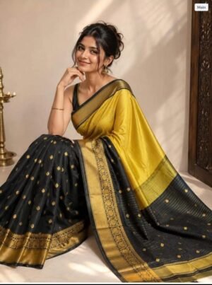 Home 295 Black & Mustard Banarasi Katan Silk Saree