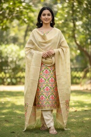 Home 265 Banarasi Suits – Zari Silk Tilfi Meena with Dupatta – Golden