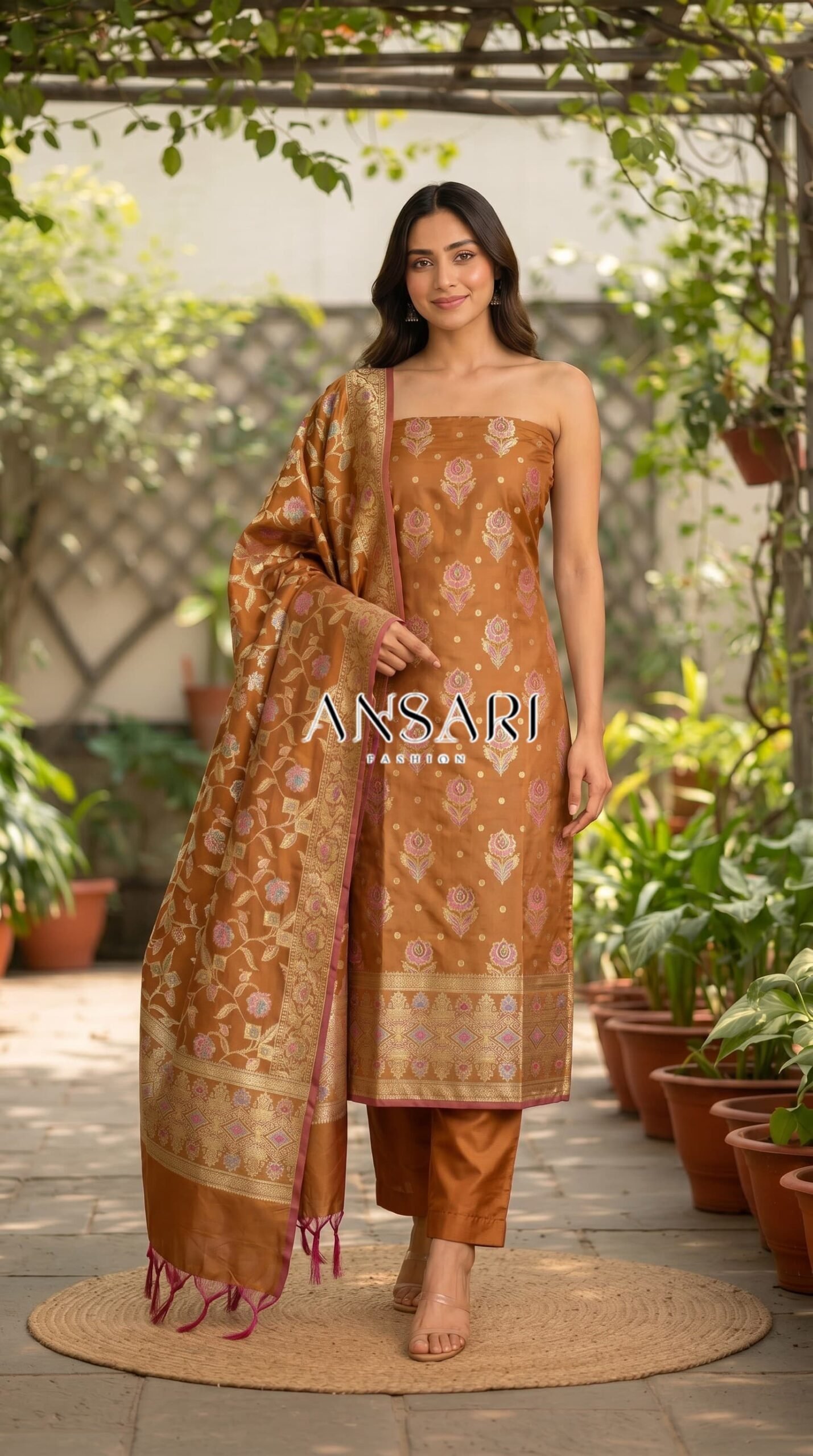 Mustred Soft Katan Banarasi Silk Tilfi Meena Zari Woven Unstitched Suit Set for Women 1 Mustred Soft Katan Banarasi Silk Tilfi Meena Zari Woven Unstitched Suit Set for Women