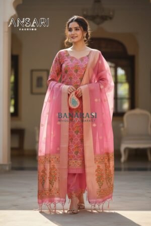 Home 277 Elegant baby pink Banarasi Jamdani Cotton Suit Set with Jhalar Dupatta