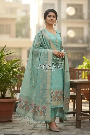 Sea green Banarasi Tilfi Jamdani Suit – Premium Cotton with Meena Zari Dupatta