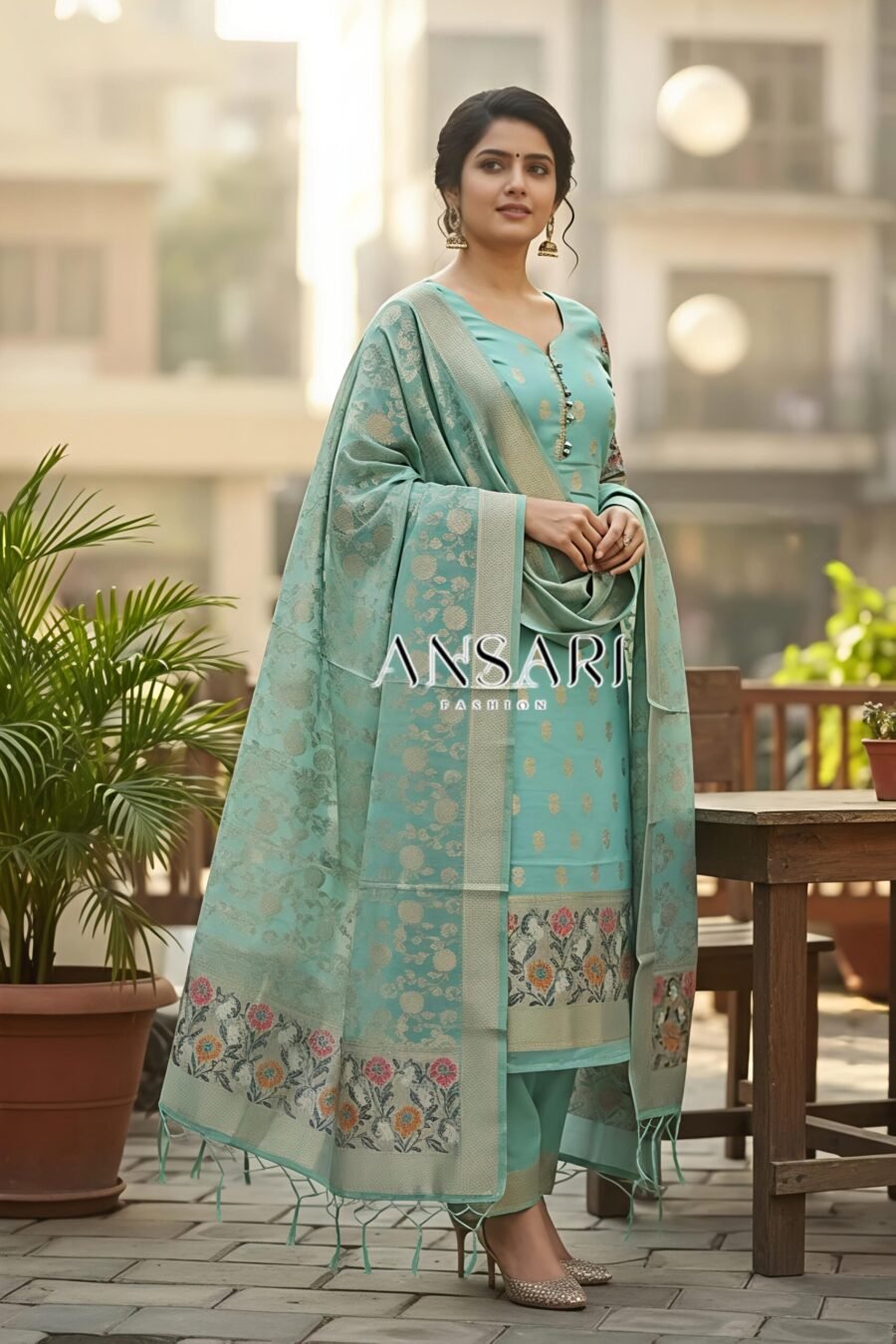 Sea green Banarasi Tilfi Jamdani Suit – Premium Cotton with Meena Zari Dupatta