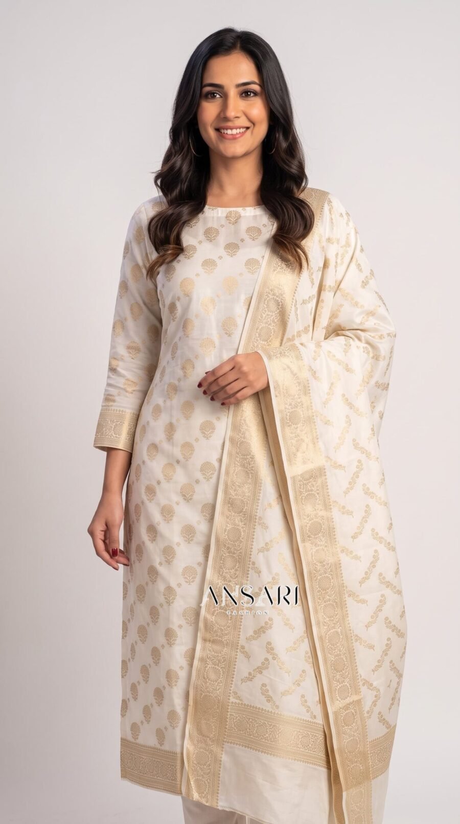 Title:  Banarasi pure Cotton Suit Set – Elegant White