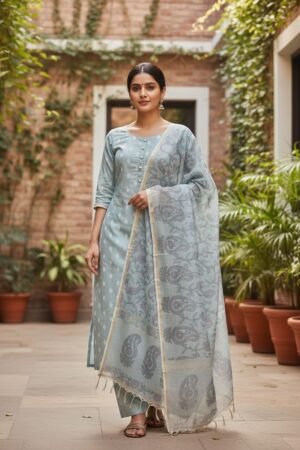 Home 199 Banarasi Suits – Chanderi Buti with Tie-Dye Dupatta – Light Grey