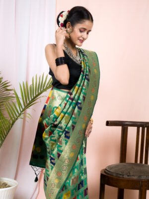 Home 167 Green Green Semi Katan Rangkard Silk Saree With Silver Zari & Meenakari Weaving – Traditional Festive Wear