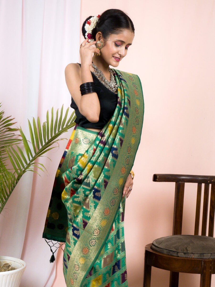 Green Green Semi Katan Rangkard Silk Saree With Silver Zari & Meenakari Weaving – Traditional Festive Wear
