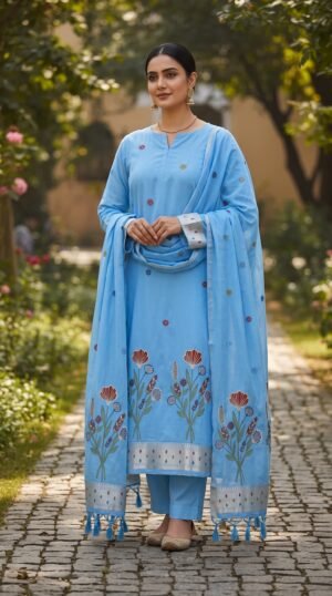 Home 301 Banarasi Jamdani Cotton Suit – Sky Blue