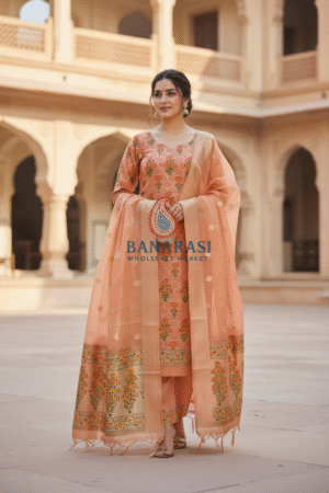 Home 237 Banarasi Suits – Jamdani Silky Cotton Tilfi Meena & Zari Woven with Dupatta – Peach