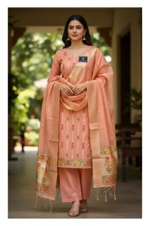 Home 245 Peach Banarasi Jamdani Tilfi Meena Suit Set – Handwoven Cotton Silk with Floral Zari Dupatta