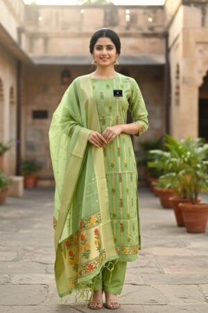 Home 243 Pista Green Banarasi Jamdani Tilfi Meena Suit Set – Handwoven Cotton Silk with Floral Border Dupatta