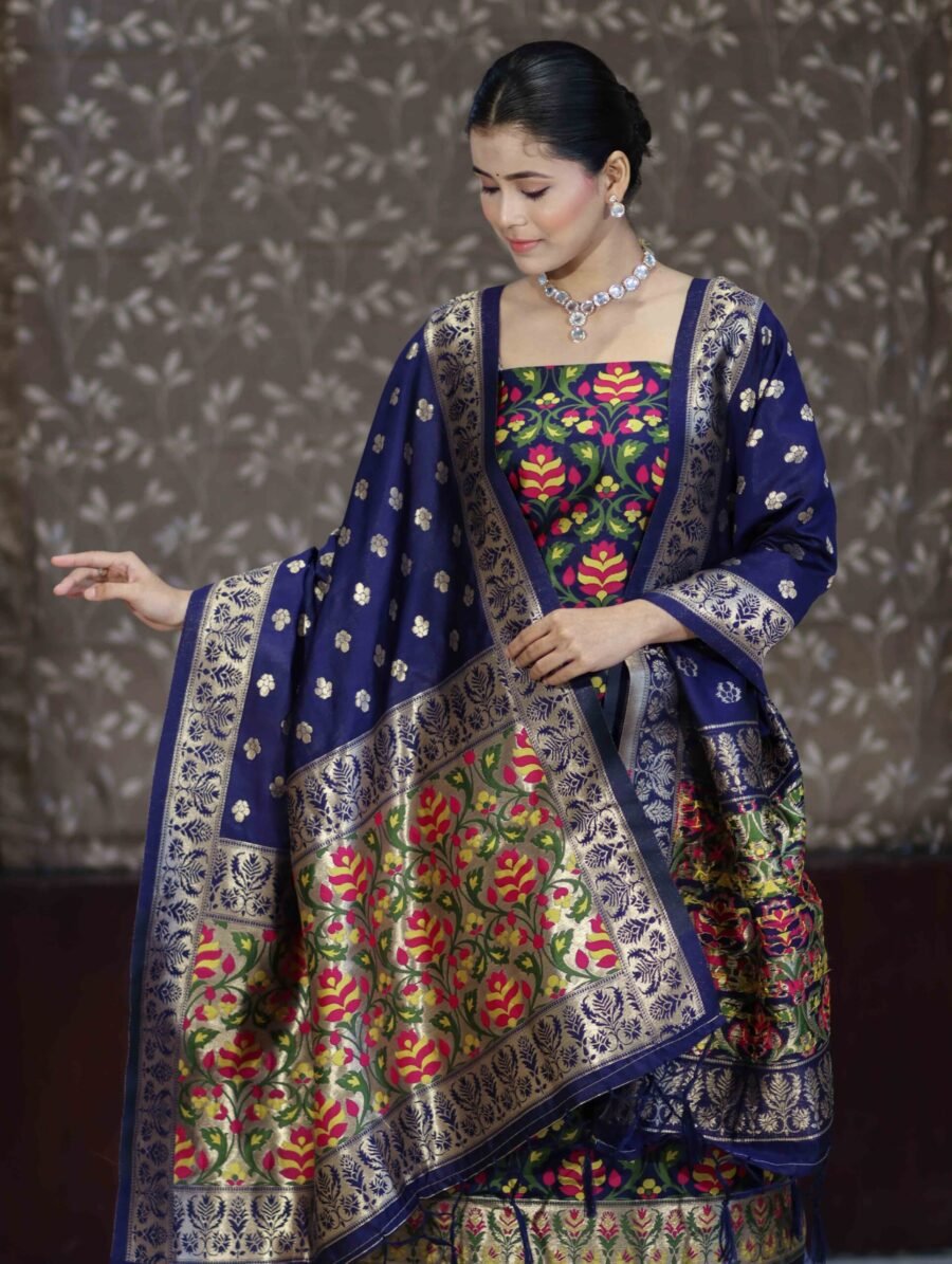 Navy blue  Banarasi Tilfi  silk zari Suit with Meena Weaving – Premium Unstitched 3-Piece Set