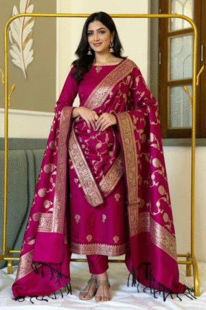 Home 297 Rani pink Banarasi Silk Zari Suit Set