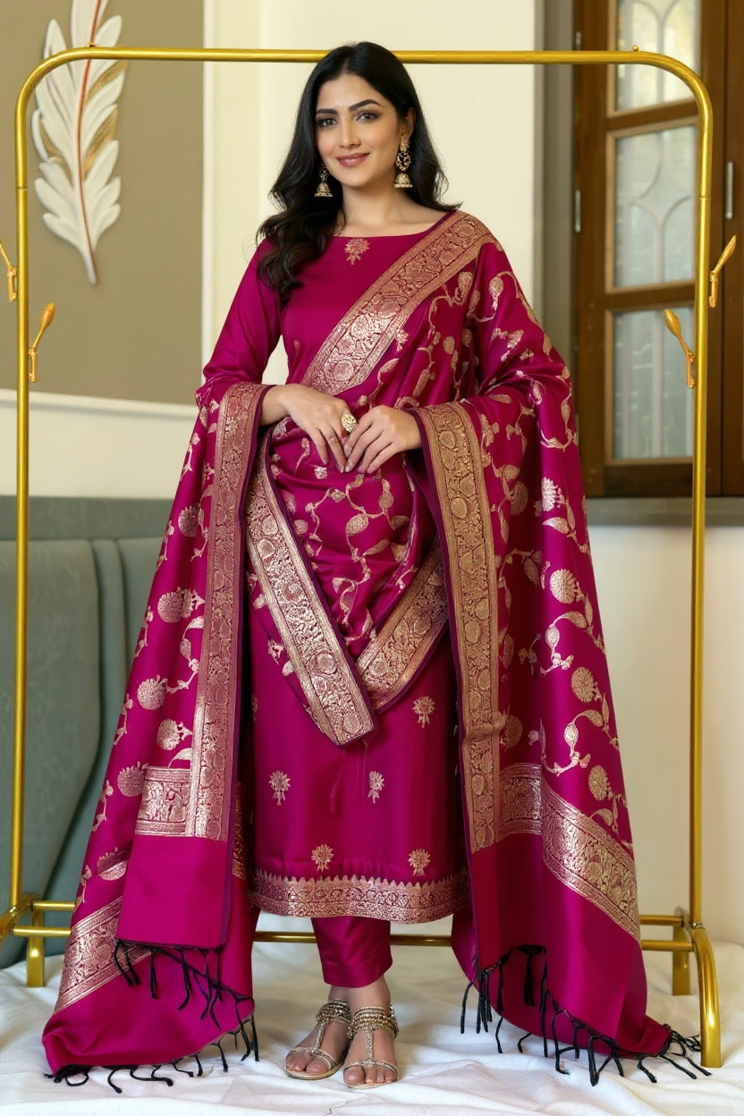 Rani pink Banarasi Silk Zari Suit Set 1 Rani pink Banarasi Silk Zari Suit Set