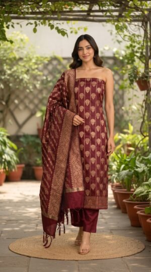 Home 187 Maroon Banarasi Silk Zari Woven Suit Set by Ansari Fashion