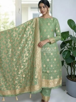 Pista Green Khaddi Georgette Banarasi Suit Set