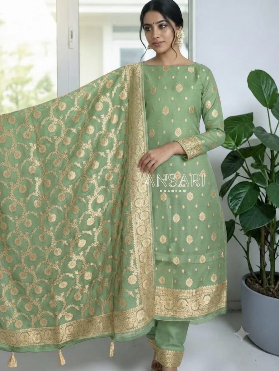 Pista Green Khaddi Georgette Banarasi Suit Set