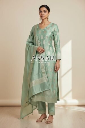 Home 195 Premium Banarasi Silk Suit – Elegant Mint Green Zari Set