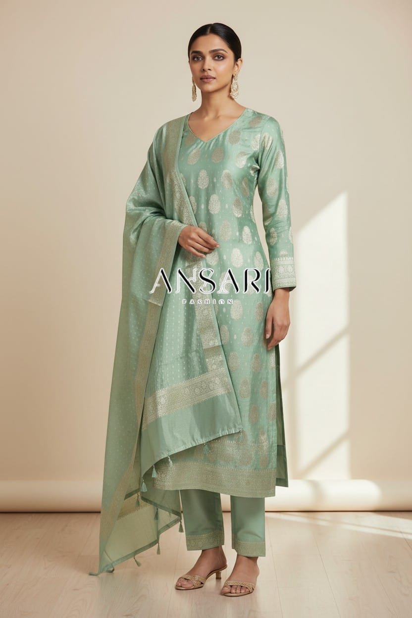 Premium Banarasi Silk Suit – Elegant Mint Green Zari Set 1 Premium Banarasi Silk Suit – Elegant Mint Green Zari Set