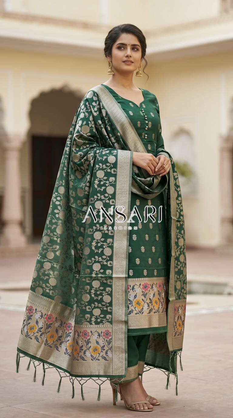 Green Silk Suit With gold Zari Buti for Women 1 Green Silk Suit With gold Zari Buti for Women