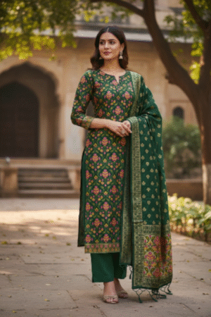 Home 261 Bottle Green banarasi Tilfi Silk zari Suit – Traditional Meena Weaving Elegance