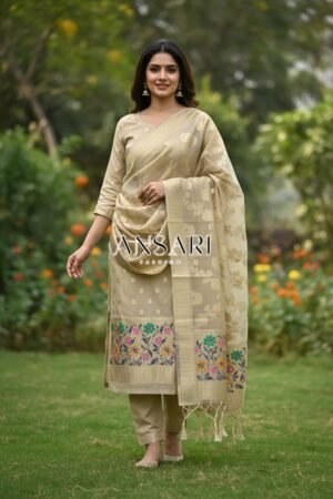 Home 307 Golden Banarasi Tilfi Jamdani Suit – Premium Cotton with Meena Zari Dupatta