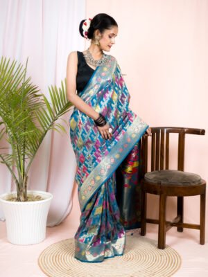 Home 165 Rama Green Semi Katan Rangkard Silk Saree With Silver Zari & Meenakari Work – Festive Wear