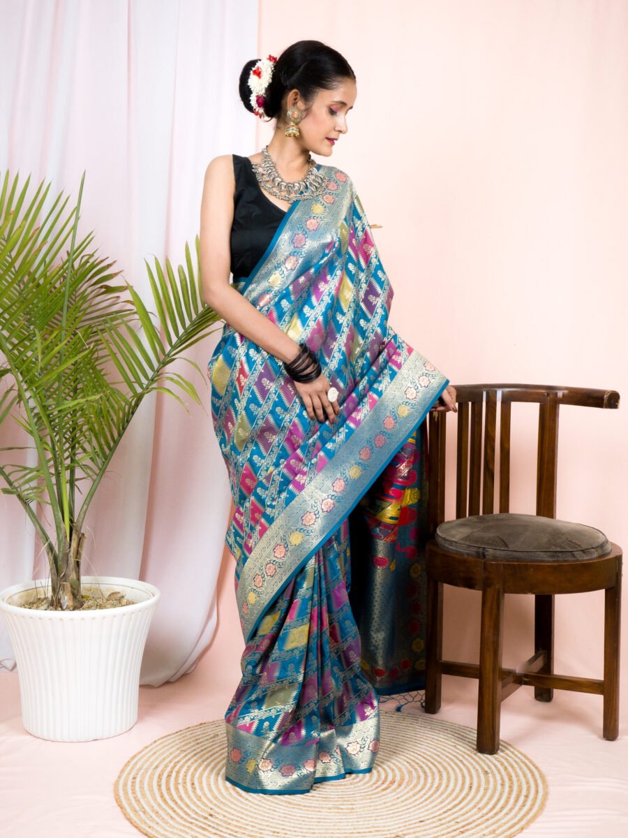 Rama Green Semi Katan Rangkard Silk Saree With Silver Zari & Meenakari Work – Festive Wear