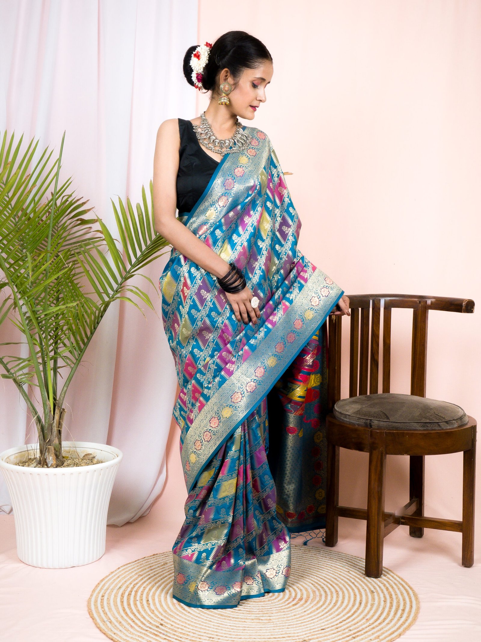 Rama Green Semi Katan Rangkard Silk Saree With Silver Zari & Meenakari Work – Festive Wear 1 Rama Green Semi Katan Rangkard Silk Saree With Silver Zari & Meenakari Work – Festive Wear
