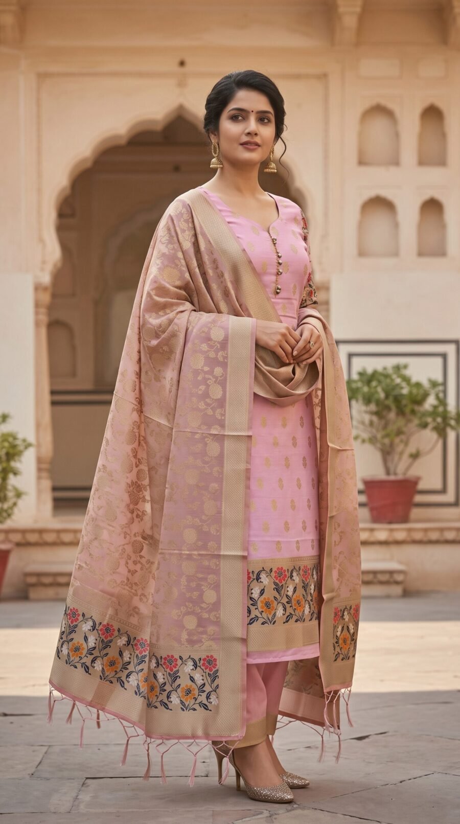 Banarasi Jamdani Cotton Suit Pastel Pink Floral Weaving