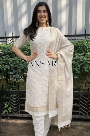 Home 189 Title: Ansari Fashion Banarasi Cotton Dyeable Suit Set – White