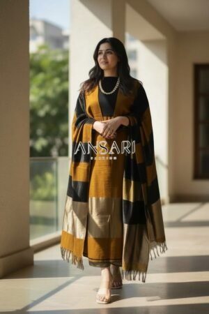 Home 219 Title: Banarasi Cotton Zari Stripe Suit Set – Mustard & Black