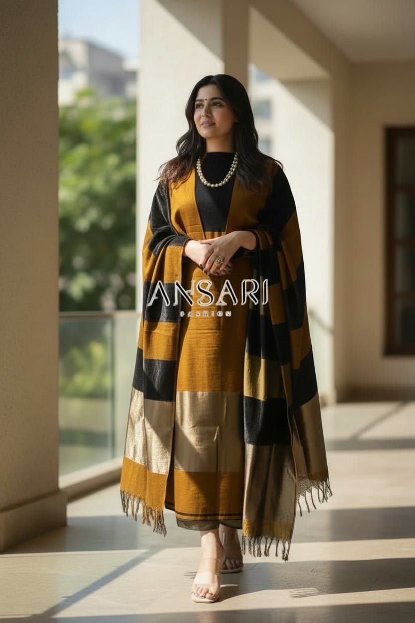 Title:  Banarasi Cotton Zari Stripe Suit Set – Mustard & Black