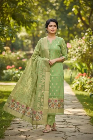 Home 285 Pista green Banarasi Tilfi Jamdani Suit – Premium Cotton with Meena Zari Dupatta