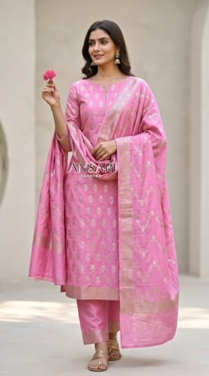 Home 227 Banarasi pure Cotton Suit – Pink Zari Buti & Jaal Dupatta